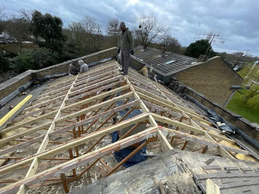 New roof timbers set out across the whole roof, Imperial Roofcraft roofing job in London and Surrey